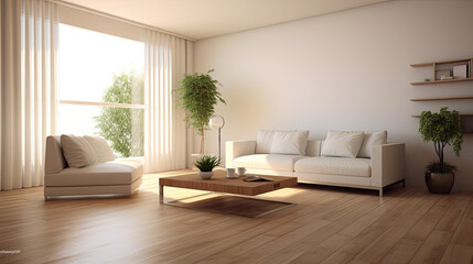 Bright and airy minimalist living room with white furniture and natural light