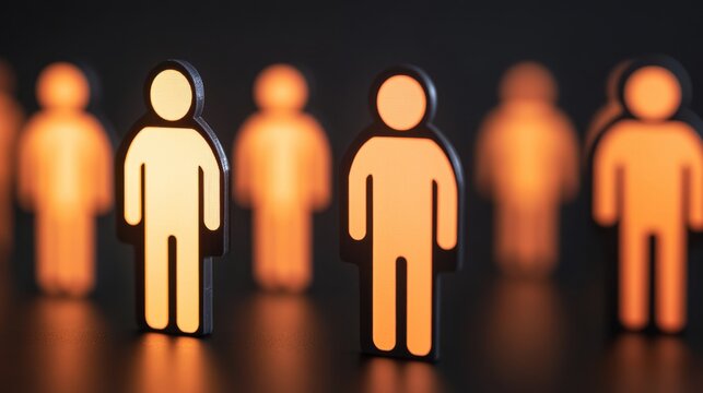 A group of illuminated figures, highlighting one distinct individual among others, symbolizing uniqueness and individuality in a crowd.