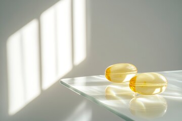 Two yellow soft gel capsules on a white background, with space for text. Flat lay. Sunlight effect. Close-up of two soft gel capsules of fish oil on a transparent glass table.