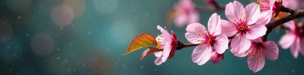 Fototapeta premium Delicate cherry branch, pink blossoms, rustic ceramic plate, background, white, bloom