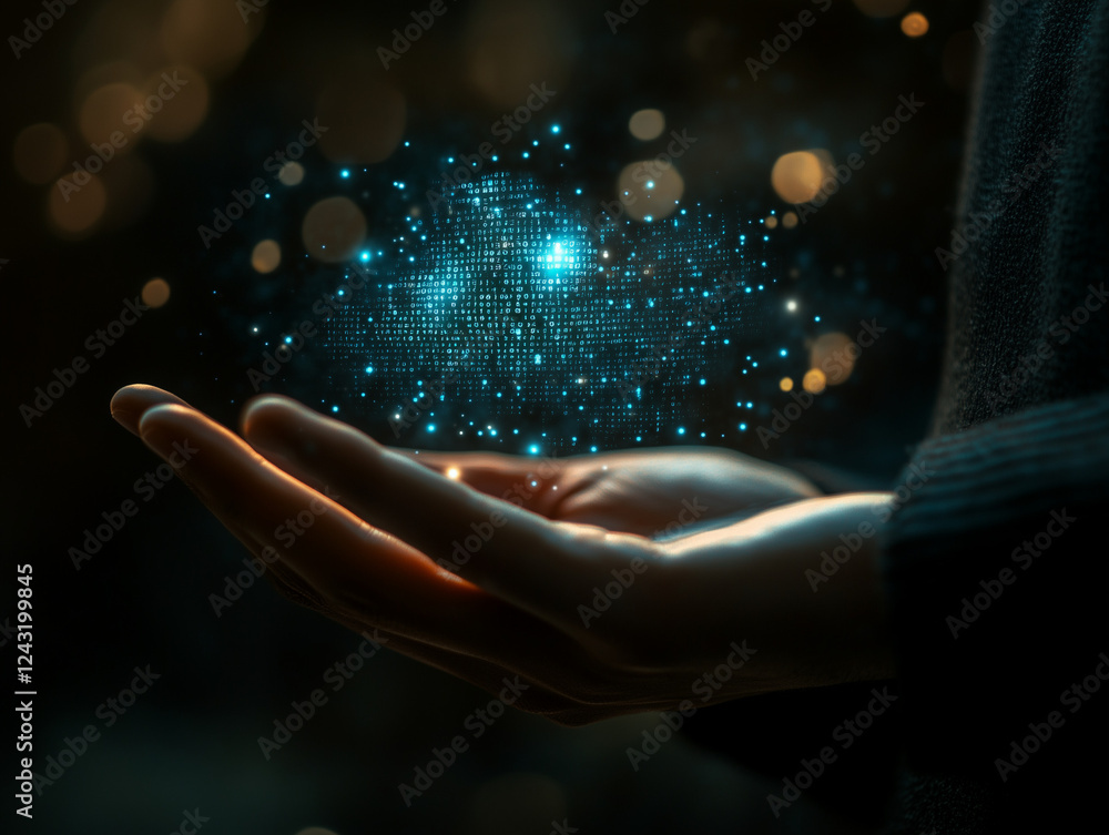 Poster close up of businessman hand holding glowing blue digital cloud with binary code on dark blurry boke