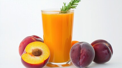 Fototapeta premium Fresh Peach Juice with Ripe Peaches on White Background