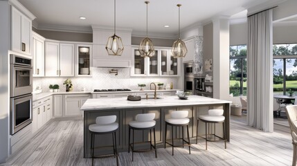Fototapeta premium Luxurious kitchen with marble countertops, stainless steel appliances, and pendant lighting 