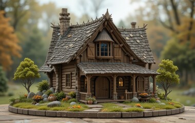 A miniature wood house with intricate details and a thatched roof, surrounded by trees and lush greenery