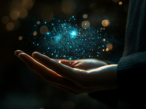 Close up of businessman hand holding glowing blue digital cloud with binary code on dark blurry bokeh background with mock up place. Computing and coding concept