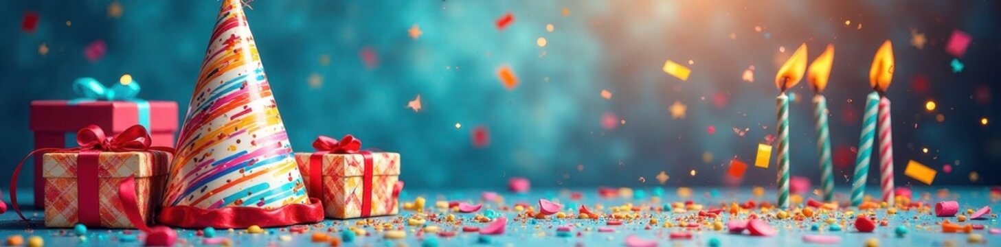 Colorful scribbled birthday hat, candles, streamers, gift boxes , celebration, happy