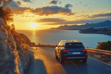 Modern suv racing along a scenic coastal road, capturing the essence of travel and vacation against a stunning sunset over the mediterranean sea, creating a breathtaking escape