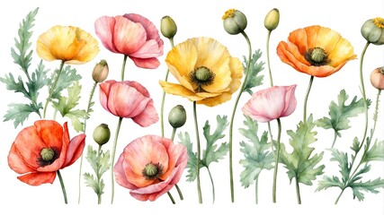 Obraz premium Beautiful watercolor illustration of poppy flowers in various colors on a white background