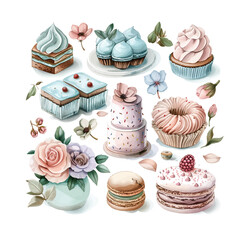 Set of watercolor illustrations with birthday party elements. Vector cakes with flowers