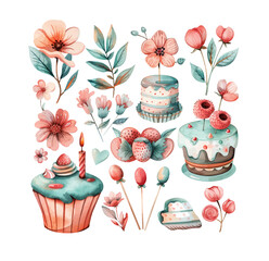 Set of watercolor illustrations with birthday party elements. Vector cakes with flowers