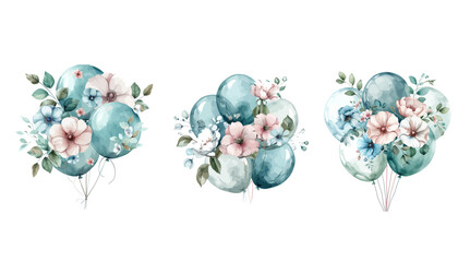 Hand drawn graphic clip art of hot air balloon on white isolated background. Watercolor drawing of hot air balloon with flowers for birthday. For greeting cards and invitations