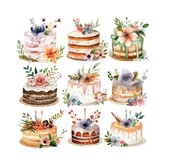 Set of watercolor illustrations with birthday party elements. Vector cakes with flowers