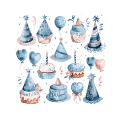 Set of watercolor illustrations with birthday party elements. Vector cakes with flowers