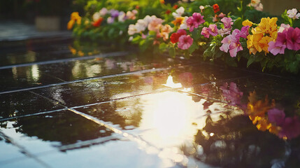 Naklejka premium Close-up look at solar panel surface reflecting sunlight in a serene outdoor setting with colorful flowers