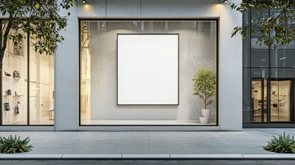 Modern Storefront with Blank Signage and Clear Window Display, Showcasing Minimalist Aesthetic and Urban Design Elements for Retail Outlets