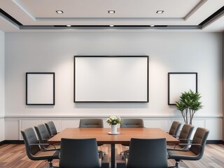 A mockup of office wall art displayed in a modern conference room setting with a professional atmosphere, modern, wall art, professional