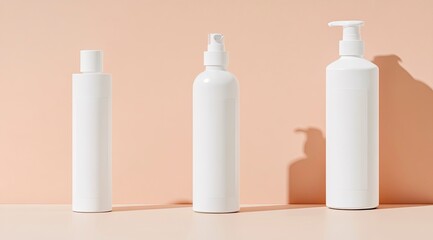 White plastic bottle with a white label on an isolated background, with different angles of the front view and side view. This is a mockup template for medicine or cosmetics. 