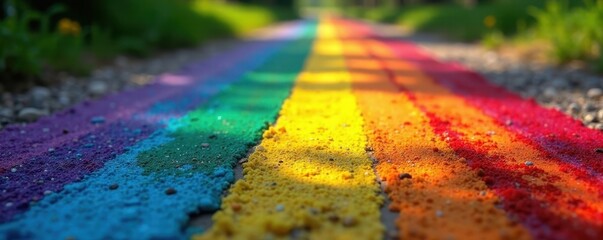 Fototapeta premium Colorful rainbow painted on ground, small feet near , childhood, garden