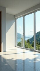 Spacious empty corner with expansive window view, clean space, wide