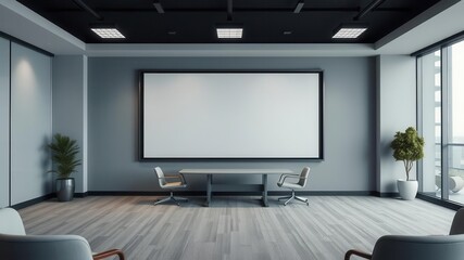 A mockup of office wall art featuring a sleek conference room display, office decor, mockup, blank frame