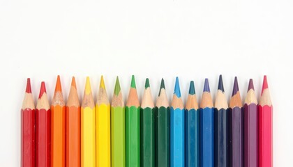 A row of sharpened colored pencils neatly aligned in a straight line, with their tips facing upwards. create rainbow color gradation, forming a beautiful gradient