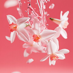 Pink background with white flowers splashing in clear water creates a vibrant and refreshing atmosphere