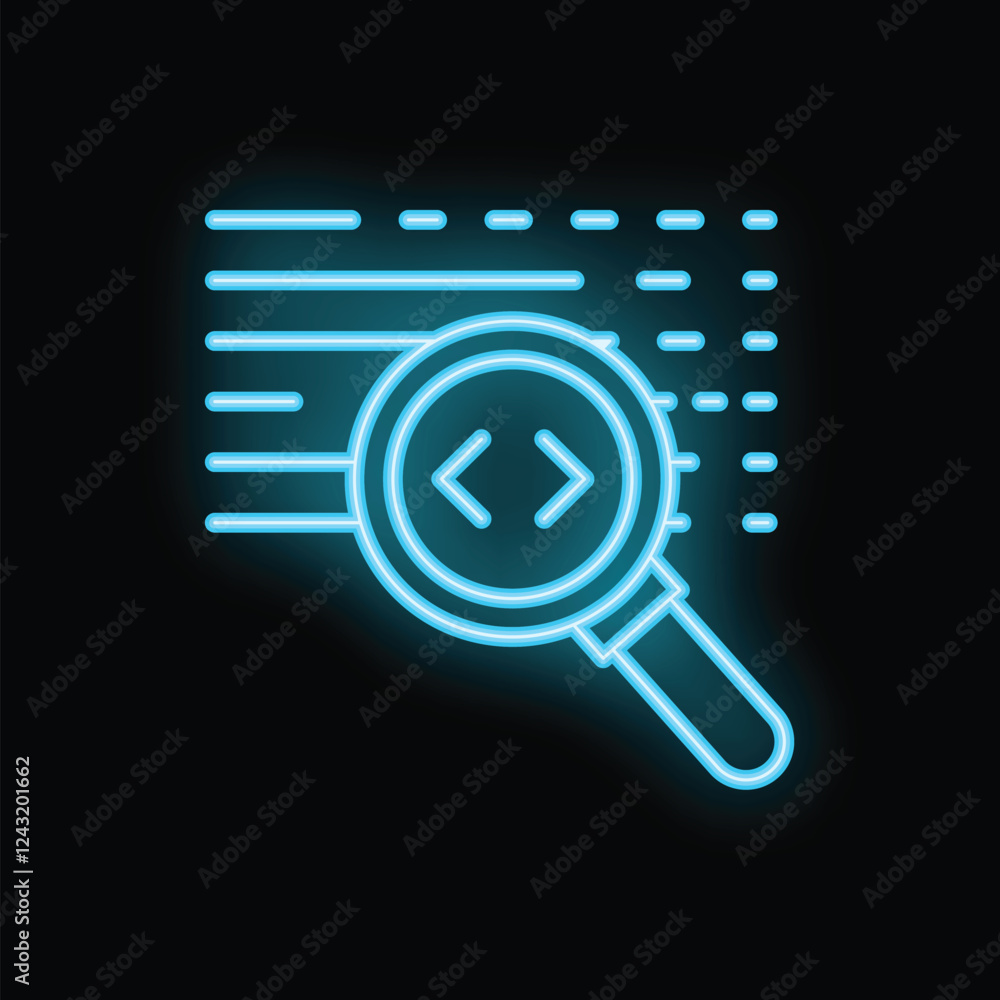 Aufkleber neon magnifying glass is analyzing lines of code in a dark environment