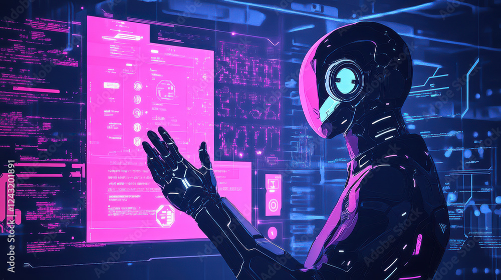 Poster futuristic ai virtual assistant interacting with digital interface, showcasing advanced technology a