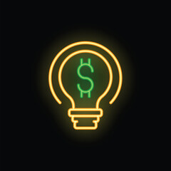 Glowing neon lightbulb containing a dollar sign, symbolizing a profitable business idea