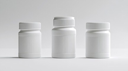 White plastic bottle with cap, white background, front view and side view. The image of the medicine pill box is on an isolated white background. There is space for text or design. White color,