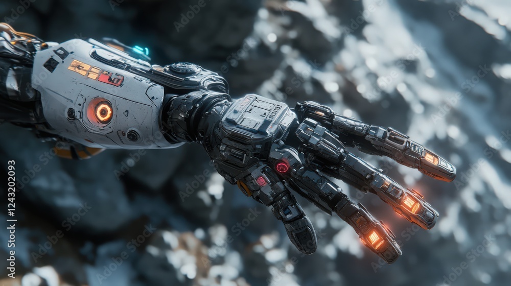 Poster advanced robotic hand technology demonstrating precision and power on terrain