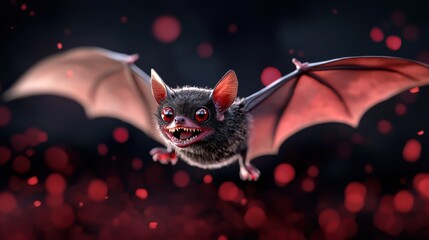 Dark Red Furry Bat in Flight Against Red Bokeh Background