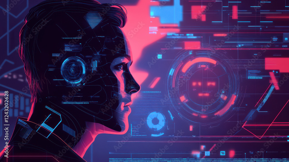 Poster futuristic digital interface with human silhouette, showcasing ai technology and data visualization.