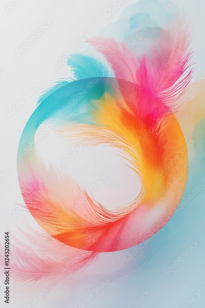 Poster colorful feathers create a vibrant abstract design resembling a circular shape in artistic expressio