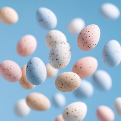 Colorful speckled eggs floating in a blue background create a festive and cheerful atmosphere for spring celebrations