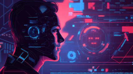 Fototapeta premium Futuristic digital interface with human silhouette, showcasing AI technology and data visualization. image conveys sense of innovation and advanced technology