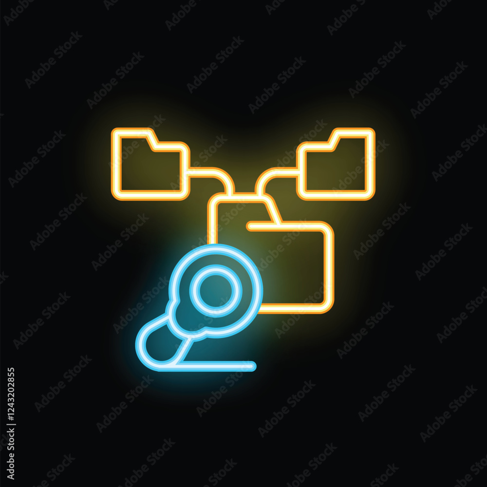 Poster neon computer mouse connecting folders sharing files on black background