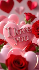 Hearts, roses, "I love you" message. For V - Day cards, gifts, social media, wedding stuff. 