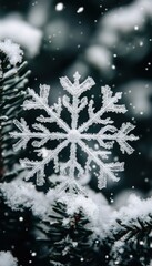 A single, perfectly formed snowflake rests on a snow-covered evergreen branch, amidst a gentle snowfall.