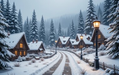 A snowy village scene with cottages and pine trees, lit by street lamps and falling snowflakes.
