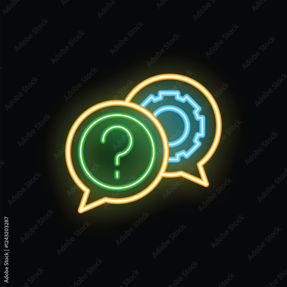 Poster neon icon of two speech bubbles representing a question about technical support