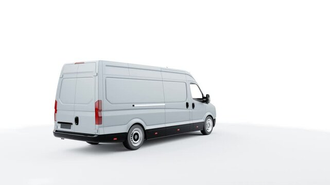 Light gray delivery van rotating slowly on a white background, perfect for showcasing branding or logistics