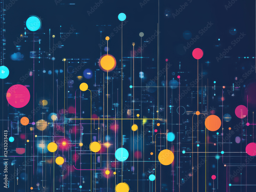 Poster vibrant abstract digital design featuring colorful circles and lines, representing data flow and tec