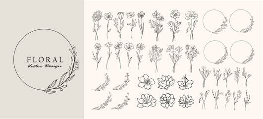 Botanical border, branche and flower decoration elements. Beautiful  line art flower bouquets, frames, leaves set. Hand drawn botanical vector set. Trendy floral wildflowers and decoration clip art.