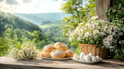 Easter day celebration pastel tone eggs and breads nature setting outdoor picnic vibe