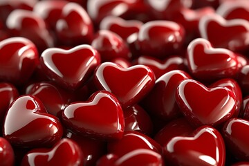 A stunning collection of glossy red heart-shaped beads, tightly packed together on a soft velvet surface