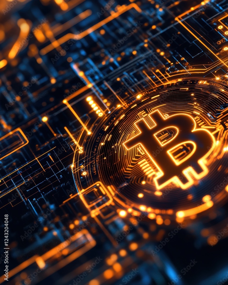 Poster futuristic digital representation of bitcoin, featuring glowing circuits and a metallic coin design,