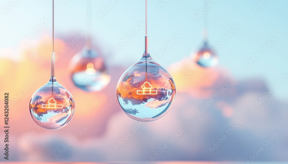 Poster the image features translucent hanging droplets reflecting clouds and soft colors, creating a serene