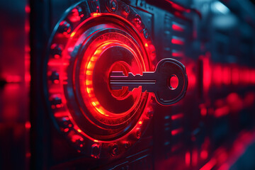 A locked digital vault with a key floating in front, symbolizing password managers. Bright lighting, contrast