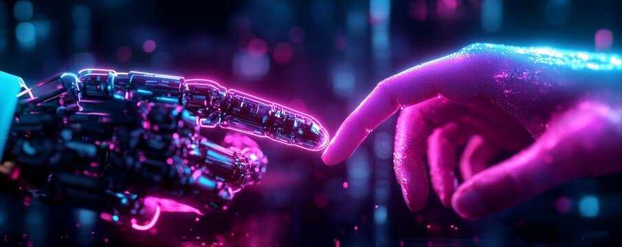 Robotic hand nearly touching human hand, bathed in pink and blue neon glow, representing technological symbiosis and emerging ai connection
